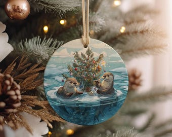 Otters Decorating Christmas Tree Ceramic Ornament – Holiday Animal Decor