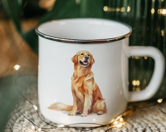 May include: White enamel mug with a silver rim featuring a watercolor illustration of a golden retriever sitting. The dog is looking to the right and has a happy expression.
