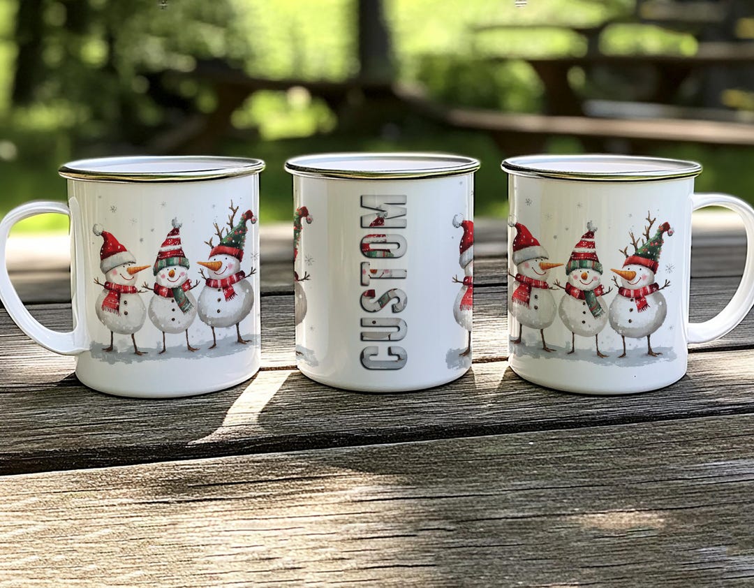 Personalized Tin Mug, Snowmen Winter Holiday, Christmas Scripty Design ...
