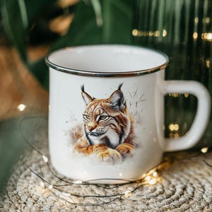 Lynx Watercolor Enamel Camping Mug: Wildlife Art Tin Cup