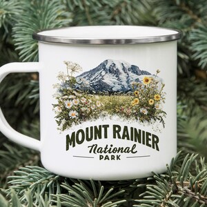 Mount Rainier Enamel Camping Mug: Snowy Mountain & Wildflower Design