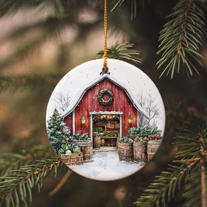 Rustic Christmas Barn Ornament: Ceramic Farmhouse Holiday Decor