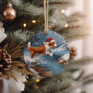 Nova Scotia Duck Tolling Retriever Santa Hat Winter Stream Ceramic Ornament – Dog Christmas Tree Decor Gift