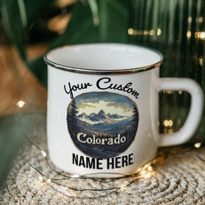 Colorado Mountains Custom Enamel Mug: Personalized Camping Gift