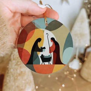 Abstract Nativity Silhouette Ceramic Ornament – Minimalist Christmas Tile Art, Modern Holiday Décor Keepsake