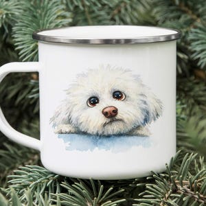 Cartoon Bichon Frise Enamel Camping Mug – Watercolor Impasto Dog Art Tin Cup, Cute Pet Lover Gift, Rustic Outdoor Drinkware