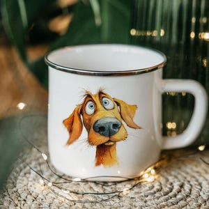 Vizsla Dog Enamel Camping Mug – Watercolor Impasto Art Tin Cup, Cartoon Puppy Gift, Rustic Outdoor Coffee Mug for Dog Lovers