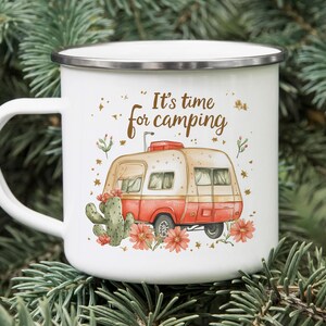 Watercolor Retro Camper Enamel Mug: Cacti & Flowers, Outdoors Gift