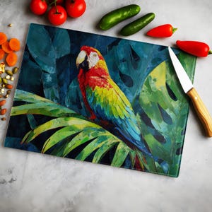 Tropical Parrot Glass Cutting Board: Colorful Kitchen Decor
