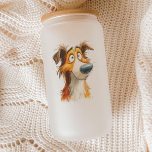 Cartoon Collie Glass Tumbler – Watercolor Impasto Dog Art Cup, Hand-Painted Style Gift for Pet Lovers, 16oz Drinkware