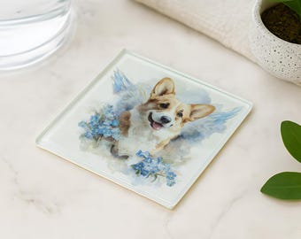 Corgi Memorial Glass Coaster – Angel Wings & Forget-Me-Not Flowers