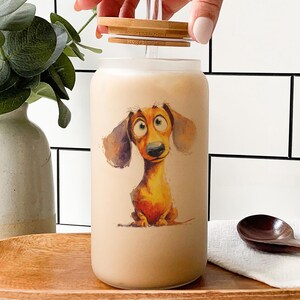 Cartoon Dachshund Glass Tumbler – Watercolor Impasto Art Dog Cup, Sausage Dog Gift, Hand-Painted Style Drinkware