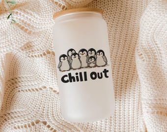 Penguin Glass Tumbler with Lid & Straw: Kawaii Iced Coffee Cup