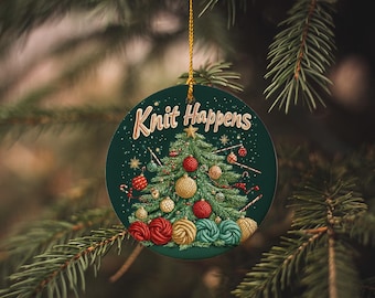 Knit Happens Ceramic Christmas Ornament, Yarn Ball Tree