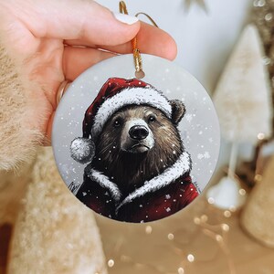 Hand-Drawn Bear Christmas Ornament: Ceramic Holiday Decor
