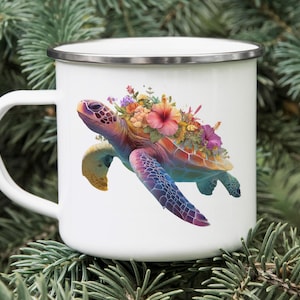 Sea Turtle Camping Mug: Rainbow Shell Enamel, Tropical Flowers