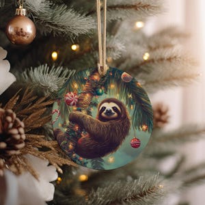 May include: Round Christmas ornament featuring a brown sloth hanging from a decorated tree branch. The ornament has a light blue background with Christmas lights, candy canes, and a red and white striped ornament. A gold string is attached for hanging.