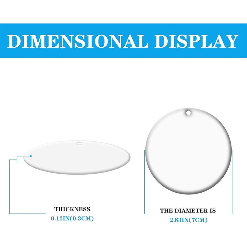two white, round objects with measurements and text indicating their dimensions.