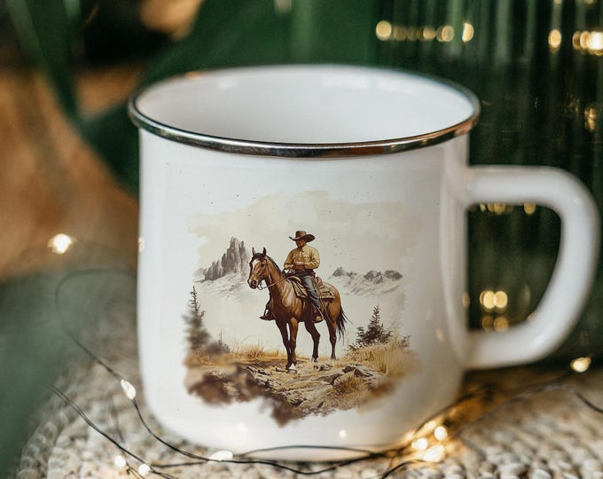 Vintage Cowboy Horse Enamel Mug: Rustic Western Camping Cup