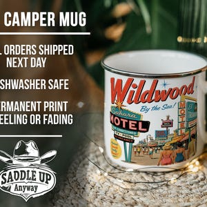 a 17oz ceramic mug with a colorful vintage-style design, including a hotel and motel sign, and a cowboy hat.