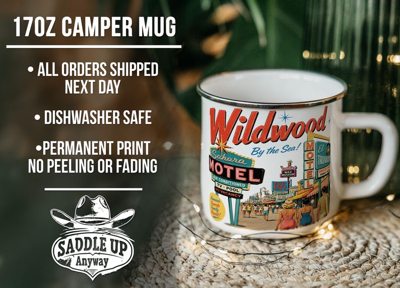 a 17oz ceramic mug with a colorful vintage-style design, including a hotel and motel sign, and a cowboy hat.