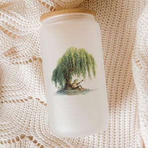 Frog Playing Banjo Glass Tumbler – Cute Frog Cup Under Willow Tree, Country Music Gift, Whimsical Nature Drinkware