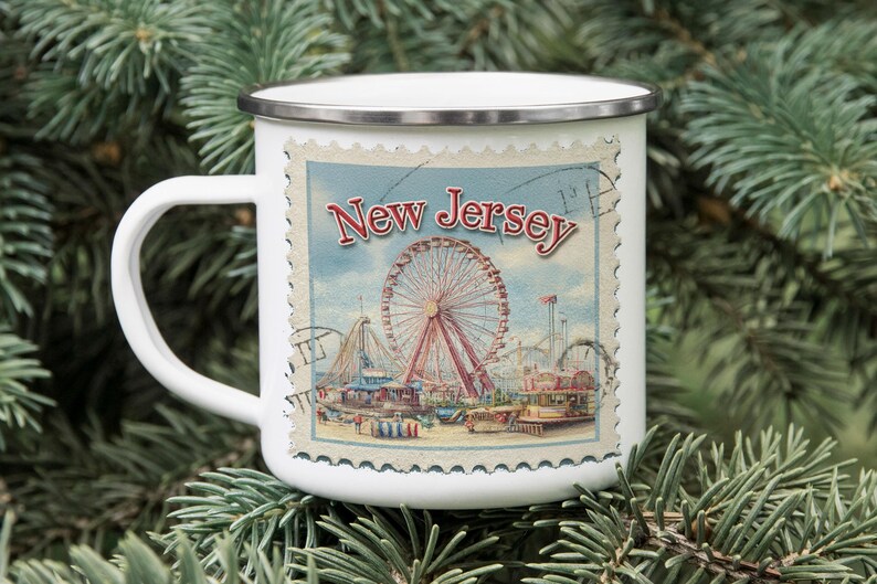 a white mug with a picture of a ferris wheel on it