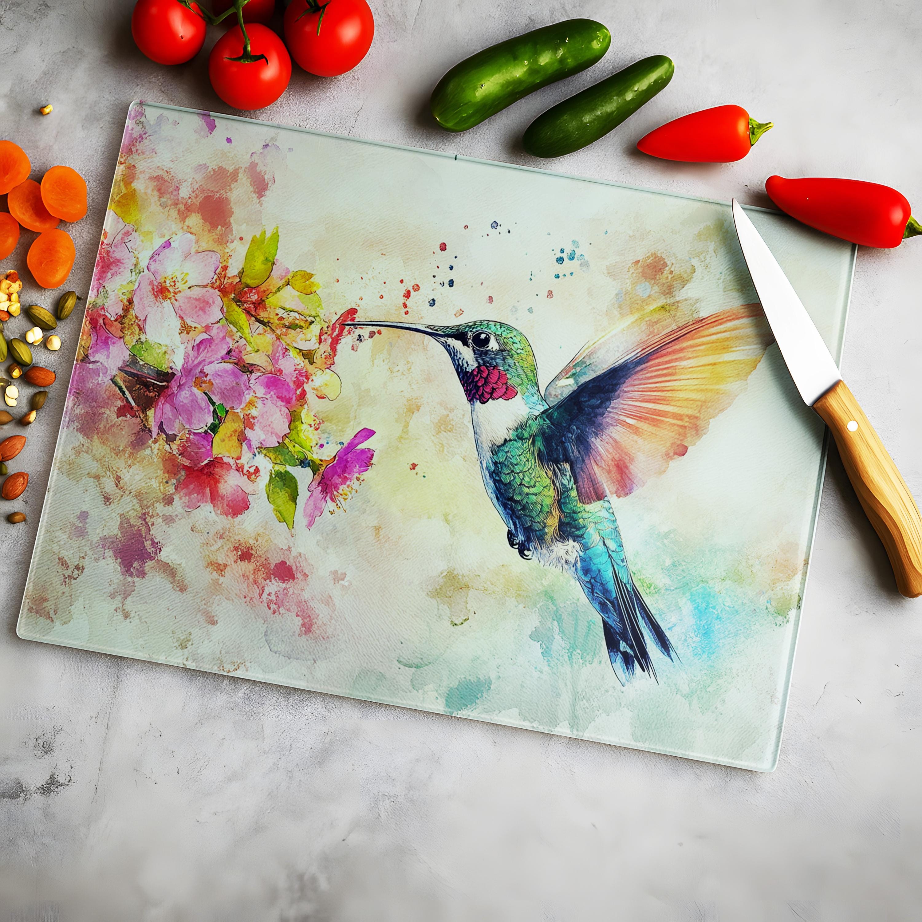 Hummingbird Glass Cutting Board: Watercolor Floral Kitchen Decor