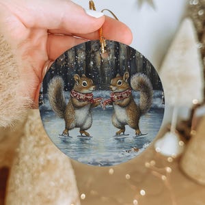 Squirrels Ice Skating Ceramic Ornament – Winter Holiday Decoration
