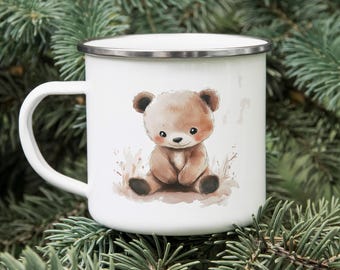 Watercolor Bear Enamel Camping Mug: Rustic Hiker Gift