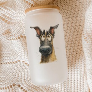 Cartoon Belgian Malinois Glass Tumbler – Watercolor Impasto Dog Art Cup, Hand-Painted Style Pet Lover Gift Drinkware
