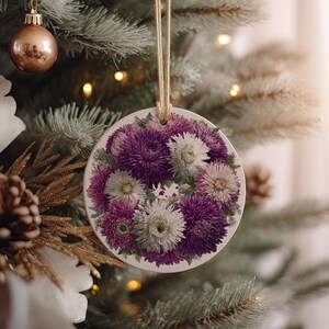 Hand-Painted Asters Ceramic Ornament: Floral Christmas Keepsake