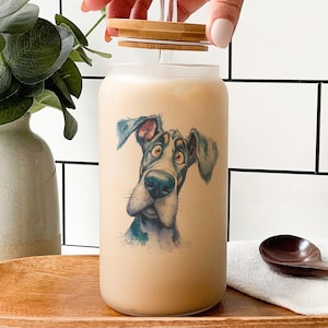 Great Dane Cartoon Glass Tumbler – Watercolor Impasto Dog Art Cup, Hand-Painted Style Animal Drinkware Gift