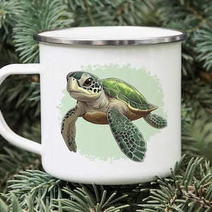 Cute Sea Turtle Cartoon Enamel Mug – Camping Tin Mug for Nature Lovers, Ocean Animal Gift, Outdoor Coffee Cup