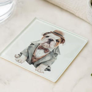Cute English Bulldog Baby Dressed Up Coaster – Funny Dog Lover Gift, Dapper Puppy Glass Drink Coaster Decor
