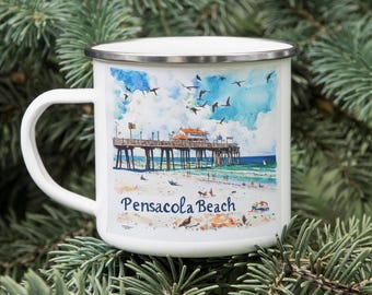 Pensacola Beach Enamel Camping Mug: Retro Coastal Drinkware