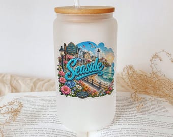 Frosted Glass Tumbler, Seaside Beach Vibes, Ocean Waves, Bamboo Lid (16oz)