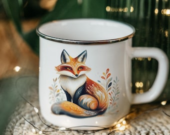 Fox Enamel Camping Mug: Scandinavian Folk Art Illustration,