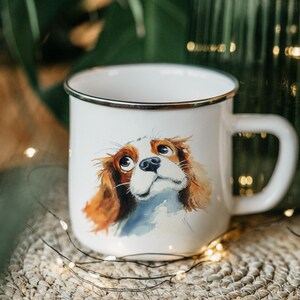 Cavalier King Charles Spaniel Enamel Mug – Watercolor Impasto Cartoon Dog Art Tin Cup for Camping, Hiking, Gifts