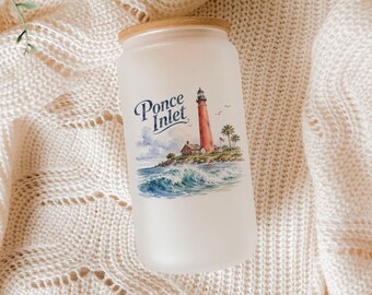 Ponce Inlet Lighthouse and Waves Glass Tumbler Coastal Florida Lighthouse Drinkware Beach Ocean Gift
