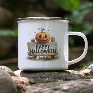 Happy Halloween Tin Mug – Jack-o’-Lantern Pumpkin Enamel Cup, Rustic Wooden Sign Design, Fall Camping Coffee Mug Gift