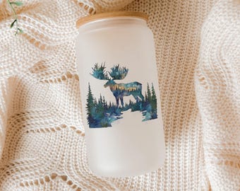 Moose Forest Glass Tumbler: Watercolor Pine Trees, Nature Gift