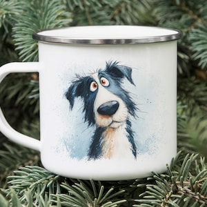 Border Collie Enamel Camping Mug – Watercolor Impasto Dog Art – Cartoon Tin Cup for Hikers, Pet Lovers, Outdoor Gifts