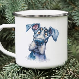 Great Dane Enamel Camping Mug – Watercolor Impasto Cartoon Dog Art Tin Cup, Gift for Dog Lovers, Outdoor Coffee Mug