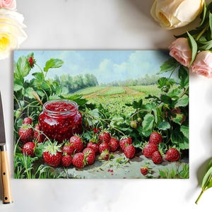 Strawberry Jam Jar Cutting Board: Tempered Glass Kitchen Art