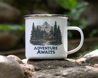 Enamel Camping Mug: Mountain Cabin & Pine Tree Illustration