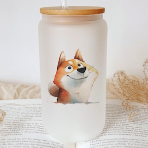 Cartoon Shiba Inu Glass Tumbler – Watercolor Impasto Art Dog Cup, Cute Animal Drinkware, Hand-Painted Style Gift