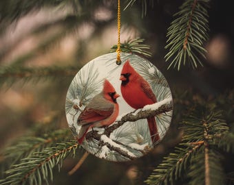 Cardinal Couple Ceramic Ornament: Winter Holiday Decor