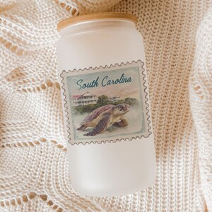 Myrtle Beach Sea Turtle Glass Tumbler – South Carolina Boardwalk Art, Vintage Postage Stamp Style Coastal Drinkware