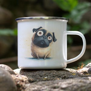 Cartoon Pug Enamel Camping Mug – Watercolor Impasto Dog Art Tin Mug – Funny Pet Lover Gift – Rustic Outdoor Drinkware